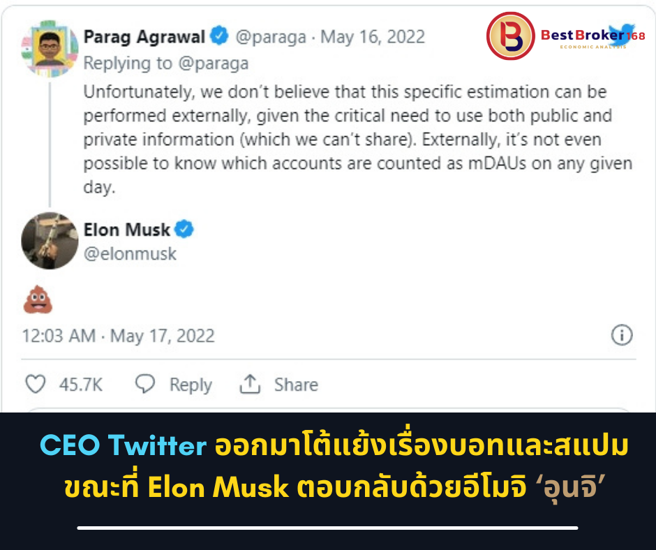 CEO Twitter ออกมาโต้แย้งเรื่องบอทและสแปม ขณะที่ Elon Musk ตอบกลับด้วยอีโมจิ ‘อุนจิ’