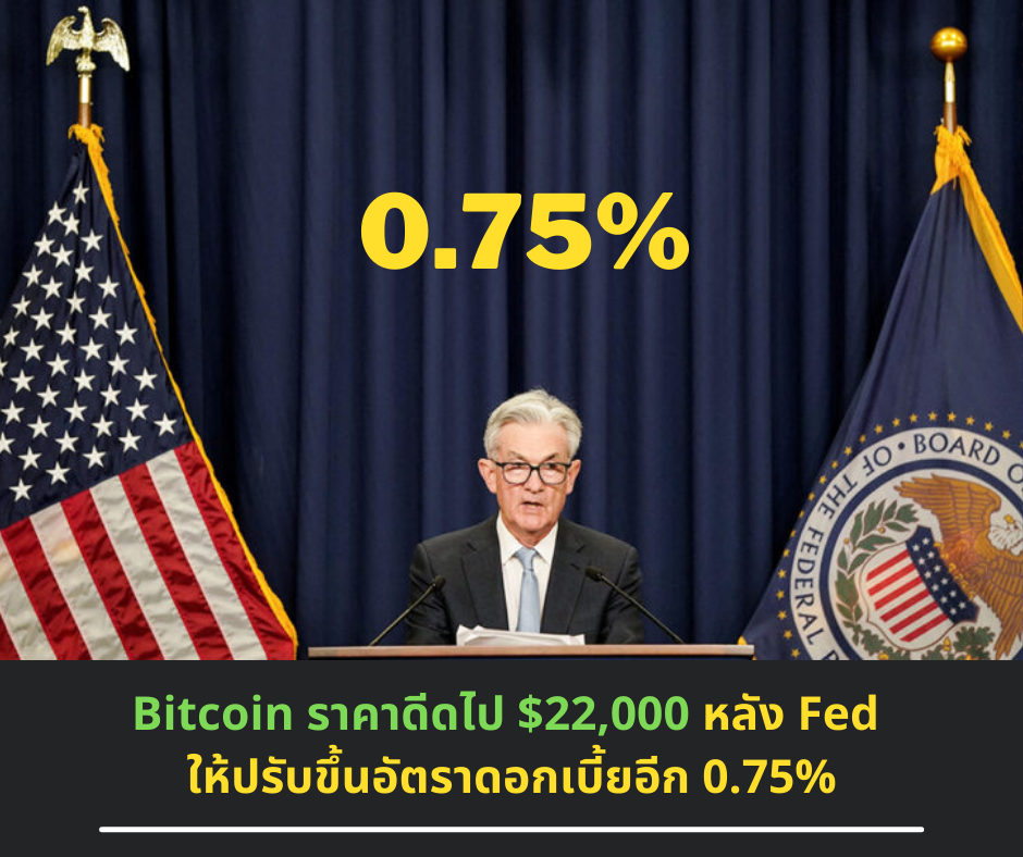 Bitcoin พุ้ง $22,000 หลัง Fed โหวตให้ปรับขึ้นอัตราดอกเบี้ยอีก 0.75%
