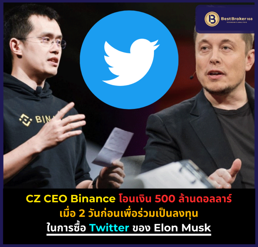 CZ CEO Binance โอนเงิน 500 ล้านดอลลาร์เมื่อ 2 วันก่อนเพื่อร่วมเป็นลงทุนในการซื้อ Twitter ของ Elon Musk
