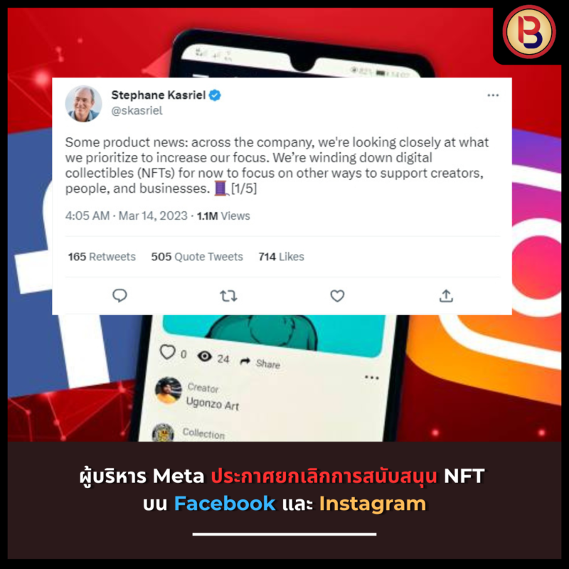 ผู้บริหาร Meta ประกาศยกเลิกการสนับสนุน NFT บน Facebook และ Instagram